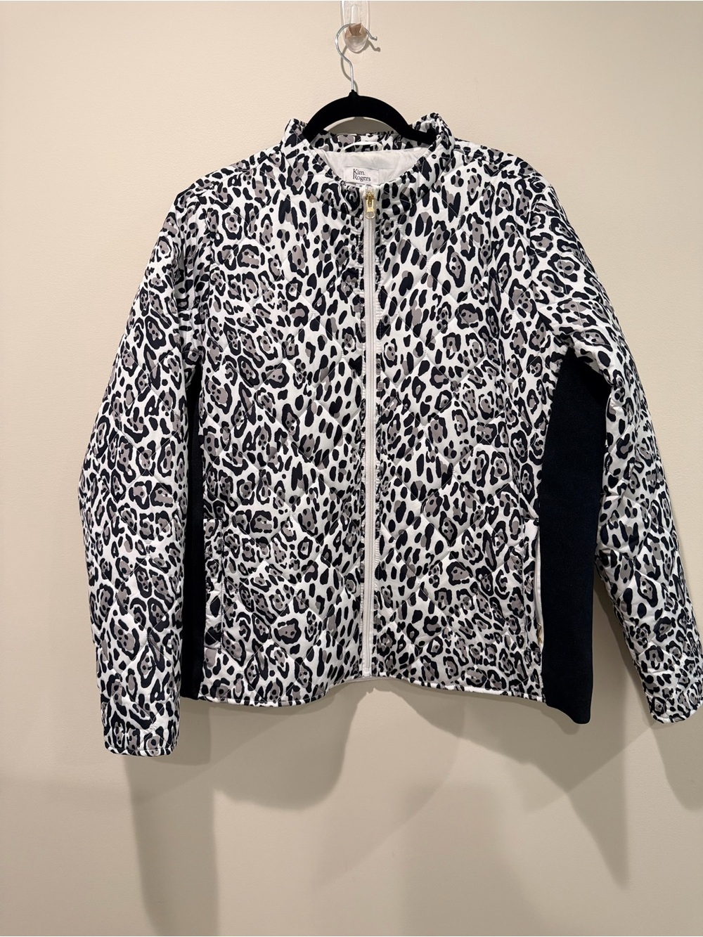 Kim Rogers Womens Leopard Print Puffer Jacket - Black, Gray & White Size XL